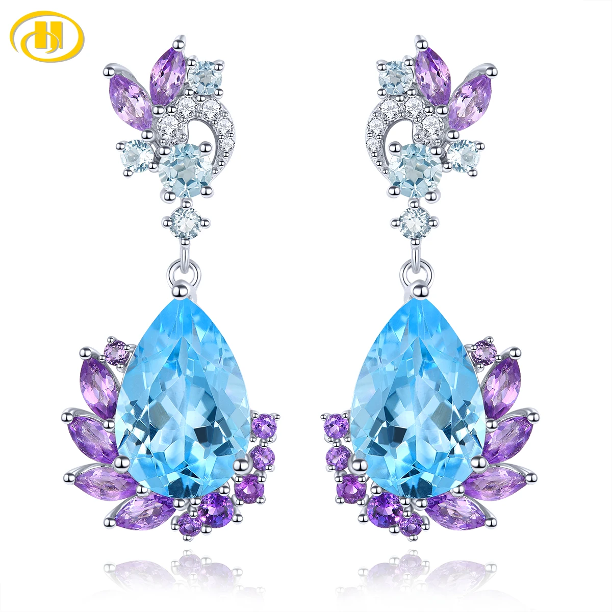 

Natural Blue Topaz Amethyst Sterling Silver Drop Earring 8.2 Carats Genuine Multicolor Gemstone Women Elegant Fine Jewelry