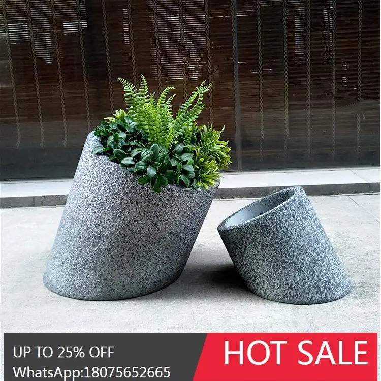 SGF Nordic Gray Stone Paint Slanted Bucket Shape Fiberglass Floor Flower Pot Landscape Ornament