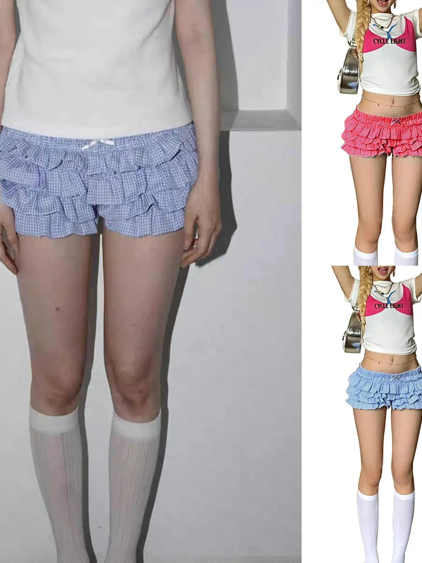 Low Waist Women's Sweet Short Pants American Style Ruffle  Multi Layer Wave Flower Grid Cake Skirt Pants Polyester Fiber