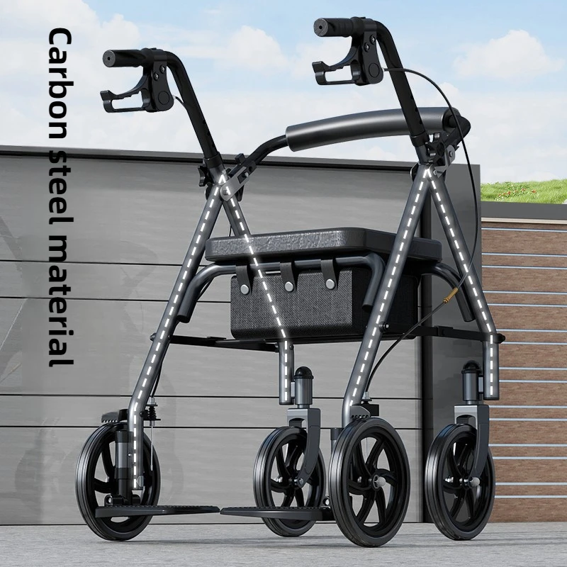 ‌Anti-Fall Mobility Walker for Seniors Sturdy Walking Aid Seat Wide Cushion Dual Footrests Shopping Basket Handcart Support‌