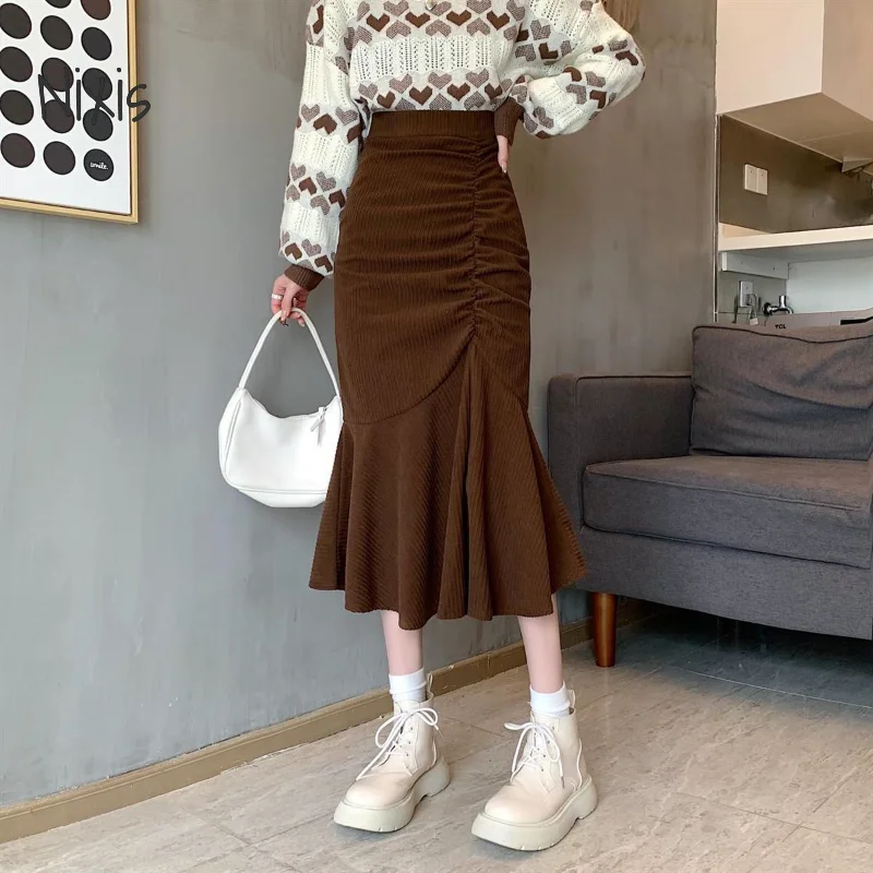 

Corduroy Fishtail Skirt for Women Spring Autumn Elegant Ruffle Ruched Brown Midi Skirts Fashion Slim Fit Bottoms Female Clothes