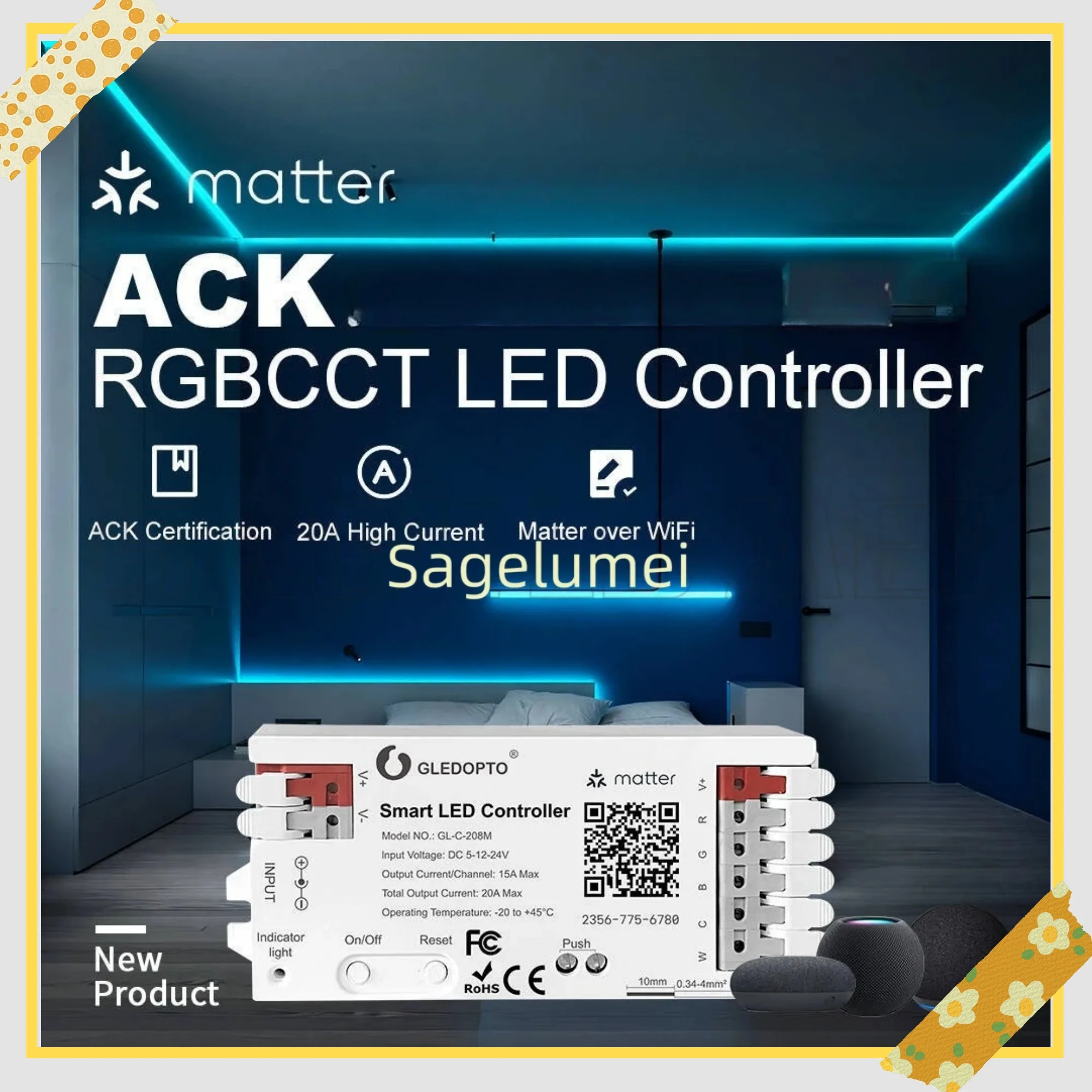 ACK Matter LED Controller Intelligent Smart RGBCCT Light Strip Controller 5V 12V 24V PWM Dimming APP Voice Control with HomeKit