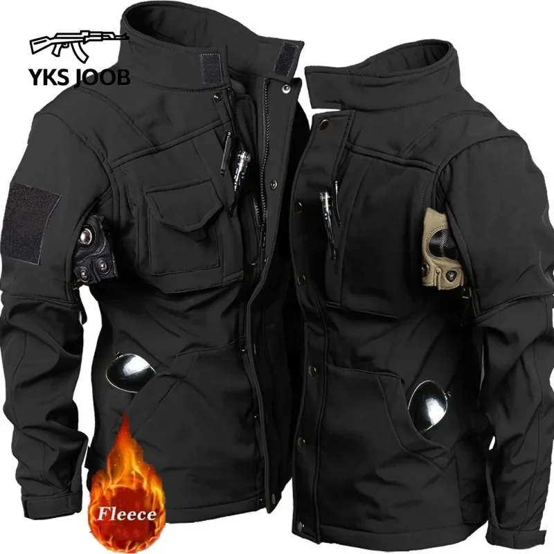 Winter Fleece Shark Skin Soft Shell Men\'s Jackets Multiple Pockets Waterproof Windproof Warm Jacket Men\'s Outdoor Tactical Coat