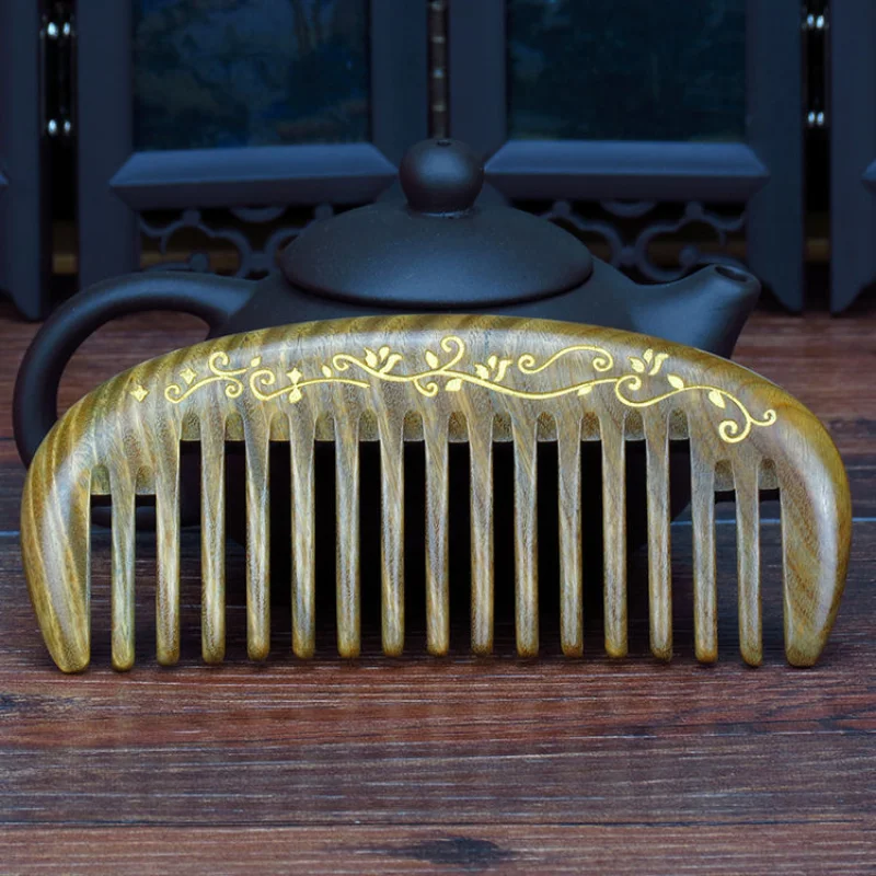 Wide Tooth Hair Comb Natural Detangling Wooden Comb for Curly Hair No Static Green Sandalwood Comb for Women and Men