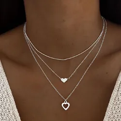 Silver Color Double Love Pendant Multi-layer Necklace For Women Three-piece Set Fashion Daily Accessory Jewelry Birthday Gifts