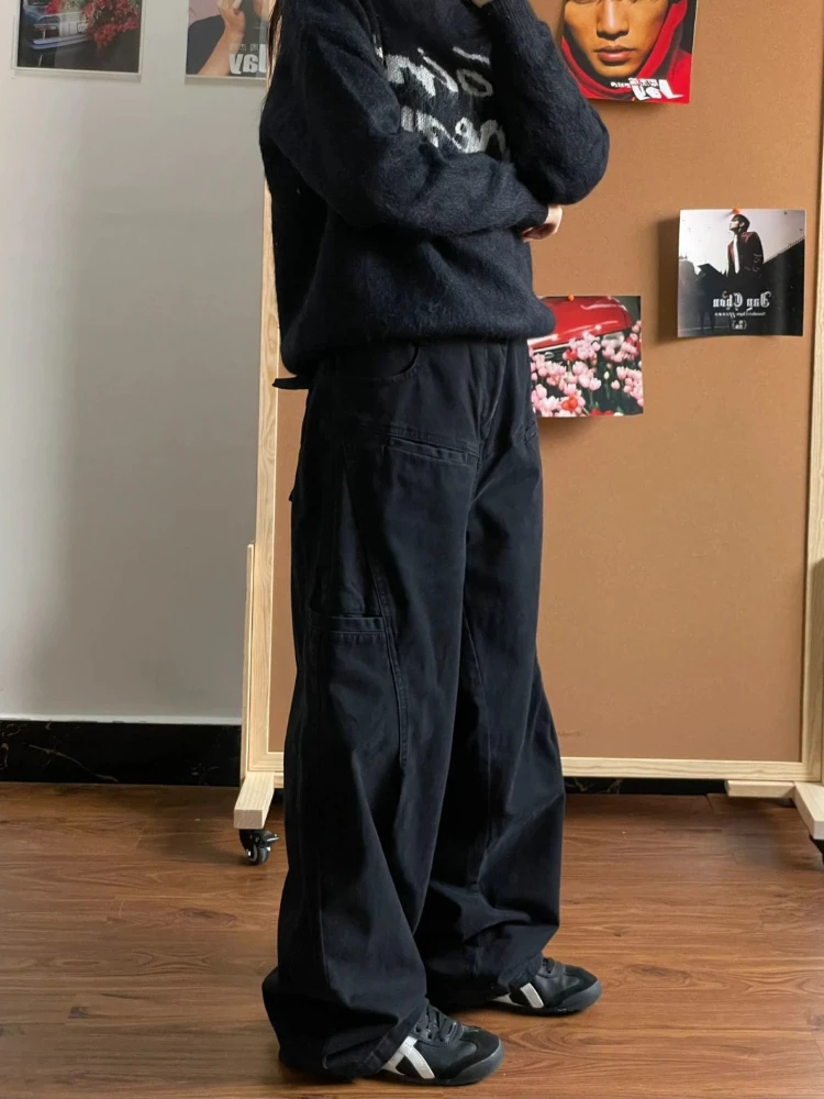 QWEEK Y2k Vintage Cargo Pants Women Gothic Black High Waist Streetwear Straight Wide Jeans Casual Oversize Patchwork Trousers
