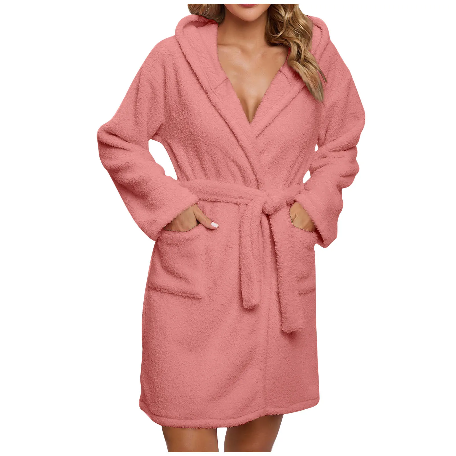 Women Bath Robe Winter Fluffy Plush Pyjamas Ladies Hooded Bathrobe Sleeping Robe Solid Thicken Warm Sleepwear Home Clothing