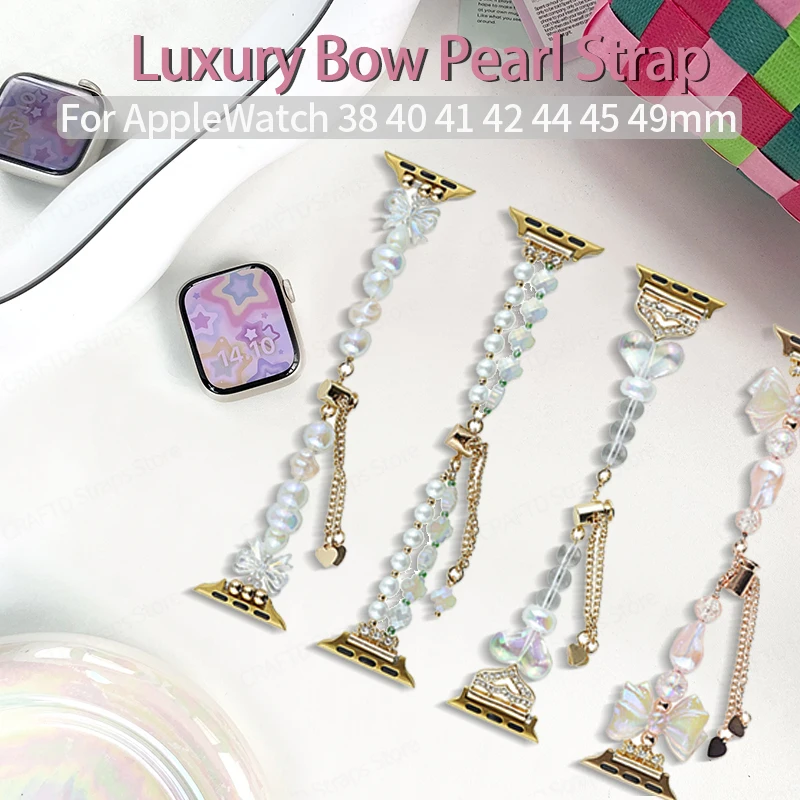 

Luxury Bow Pearl Strap for Apple Watch 44mm Band 45mm 41mm 40mm Correas Agate Chain Bracelet for iWatch Series 7 8 9 SE 6 5 49mm