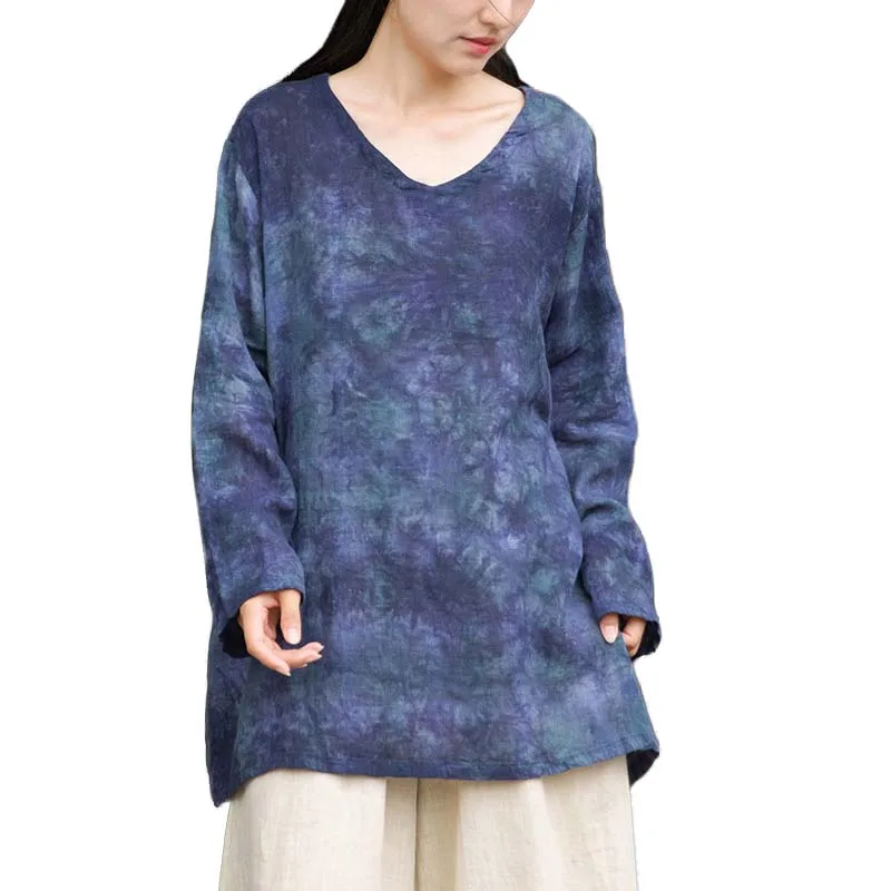 綿麻タイダイチュニックブラウス レディース エステティックプルオーバーシャツ ブルー