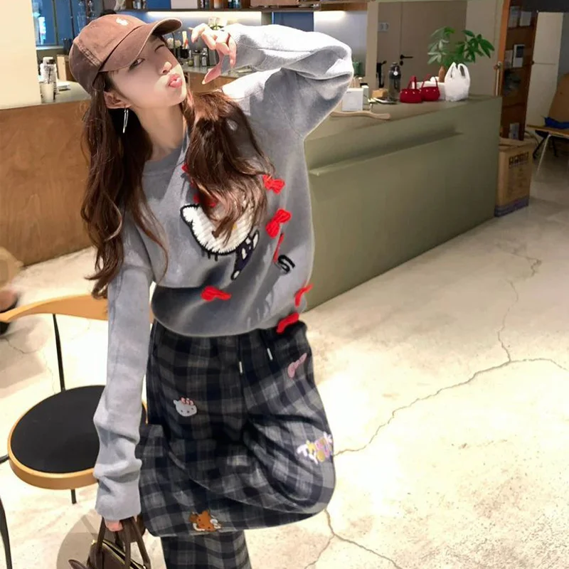 سانريو مرحبا كيتي صوف مبطن منقوشة السراويل فتاة خريف شتاء الحلو منفعل نمط فضفاض مستقيم الساق التخسيس مجموعة عادية متعددة الاستخدامات