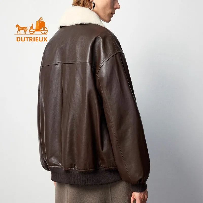 2025 Giacca in vera pelle da lavoro trapuntata con collo in pelliccia da donna del nuovo inverno 20225, cappotto casual retrò e versatile in vera pelle di pecora al 100%