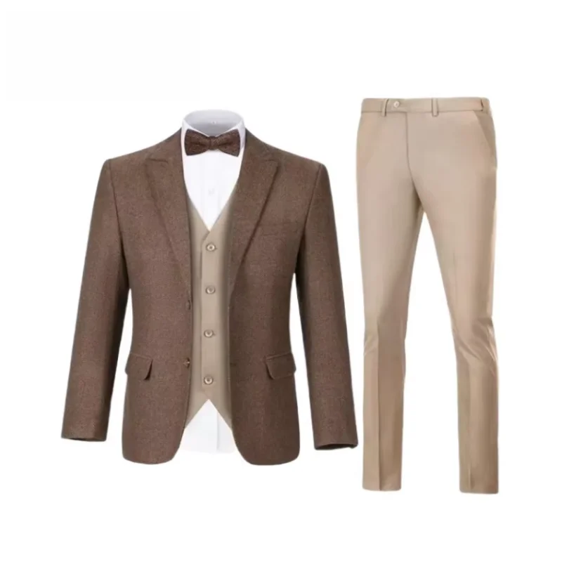 

"3-Piece Custom Tweed Suit Set for Men - Slim Fit Herringbone Jacket, Vest & Dress Pants, Formal Groom Wedding Prom Tuxedo,
