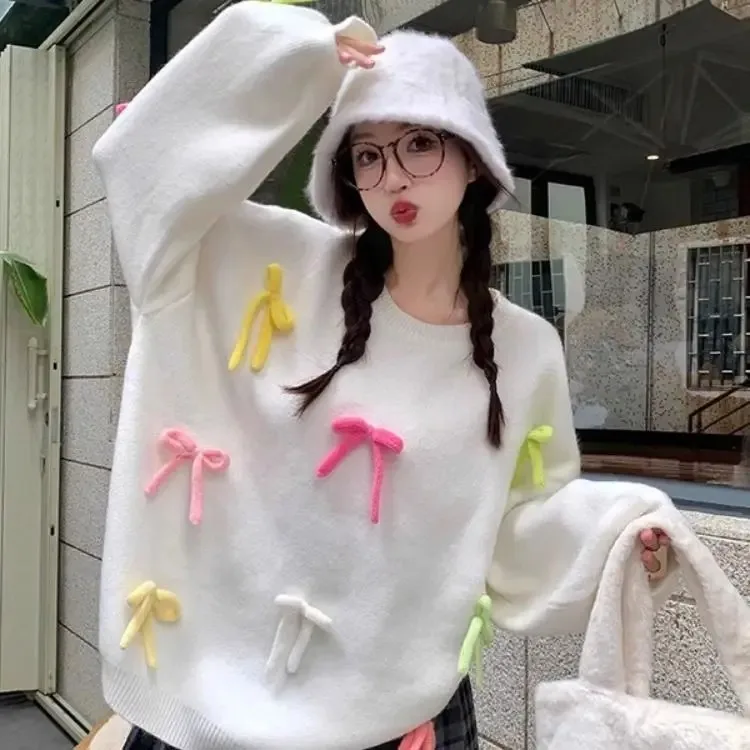 Korejpaa 3D Bow Women Sweaters Knitwear Sweet Fashion Girls Clothes Knitwear Korean Style Pullover Top Female Round Neck Pulls