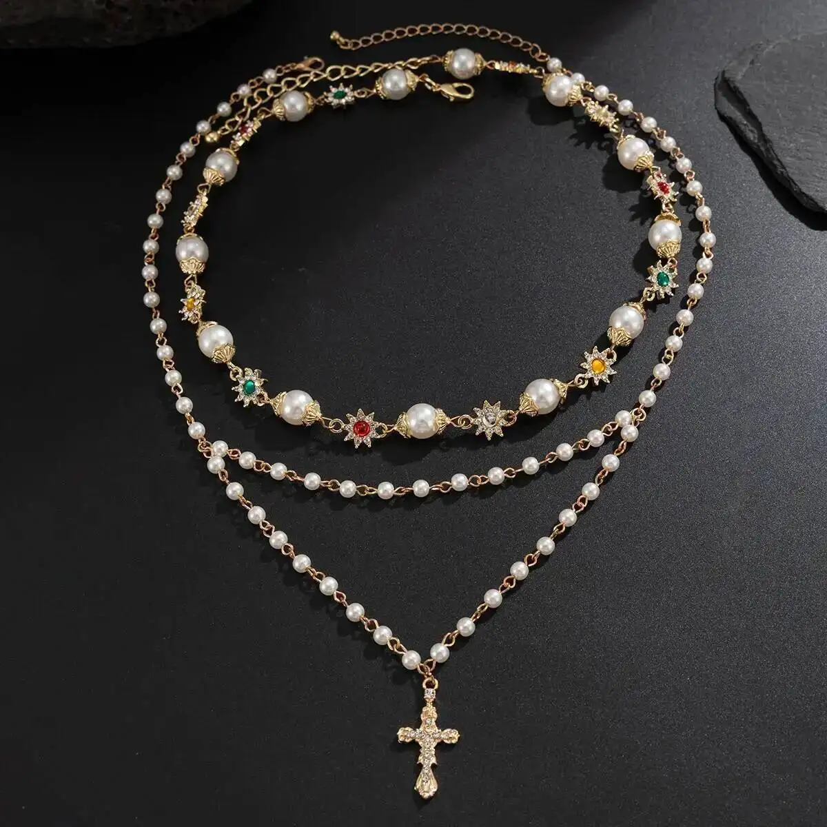

KunJoe 2Pcs/Set Trendy Rhinestone Imitation Pearl Choker Necklace Men Punk Jesus Cross Pendant Necklace Jewelry on the Neck