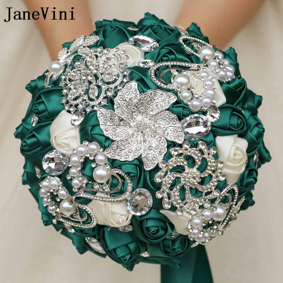 JaneVini Vintage Dark Green Roses Bridal Flowers Wedding Bouquets Luxurious Pearls Crystal Bride Holding Flowers Accessories