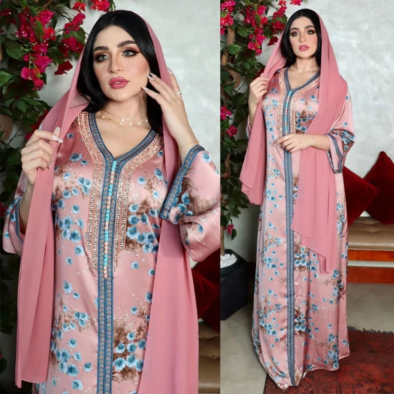 Loose Women's Abaya Robe Pink Rhinestone Middle East Muslim Dubai Turkey Print Dress