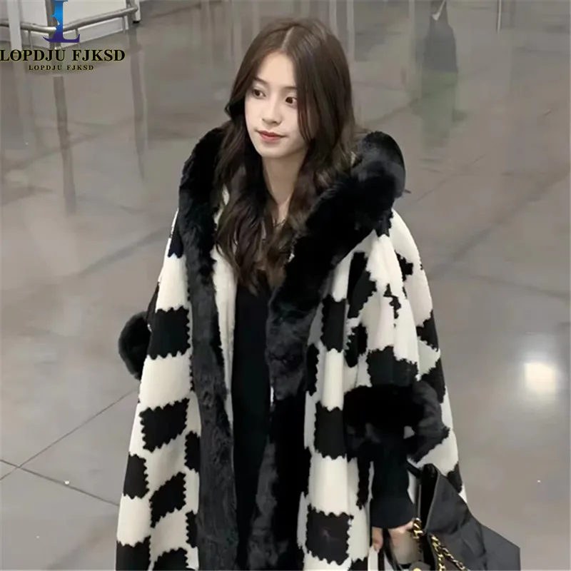 

Faux Lamb Fur Coat for Women, Hooded Jacket, Fox Fur Collar, Lattice Outwear, Covered Button, High Quality, Autumn and Winter