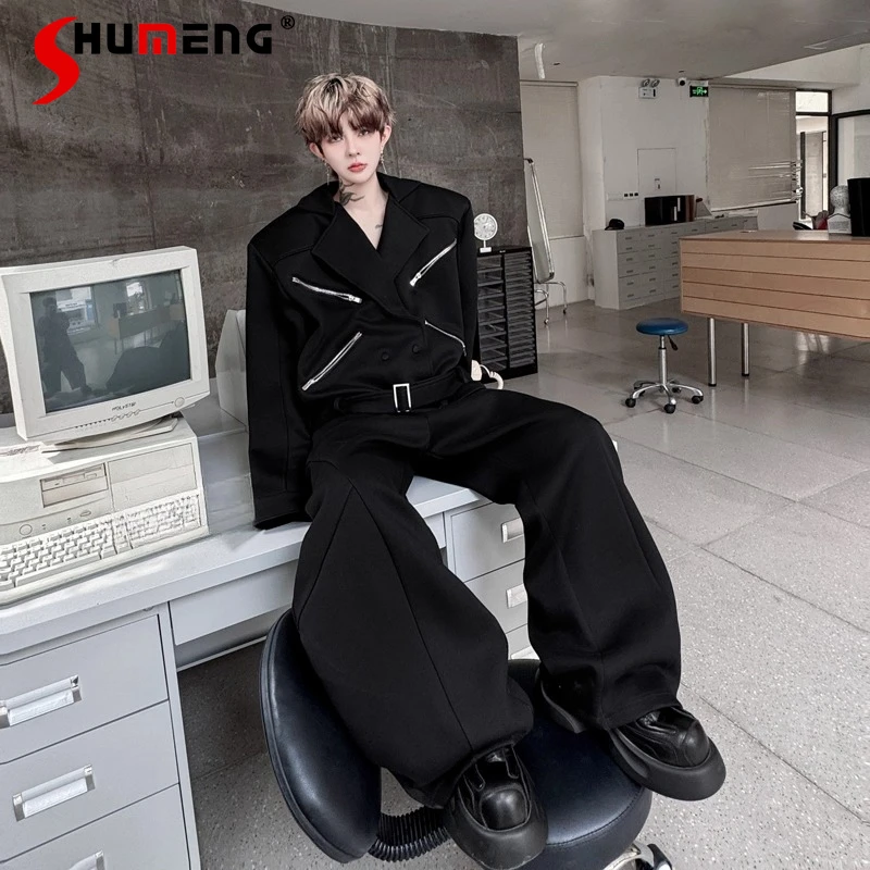 

Men's 2025 Autumn Fashion Trendy Tooling Sets Fashion 2pcs Zipper Belt Lapel Jackets Wide-Leg Pants Solid Color Two-Piece Sets