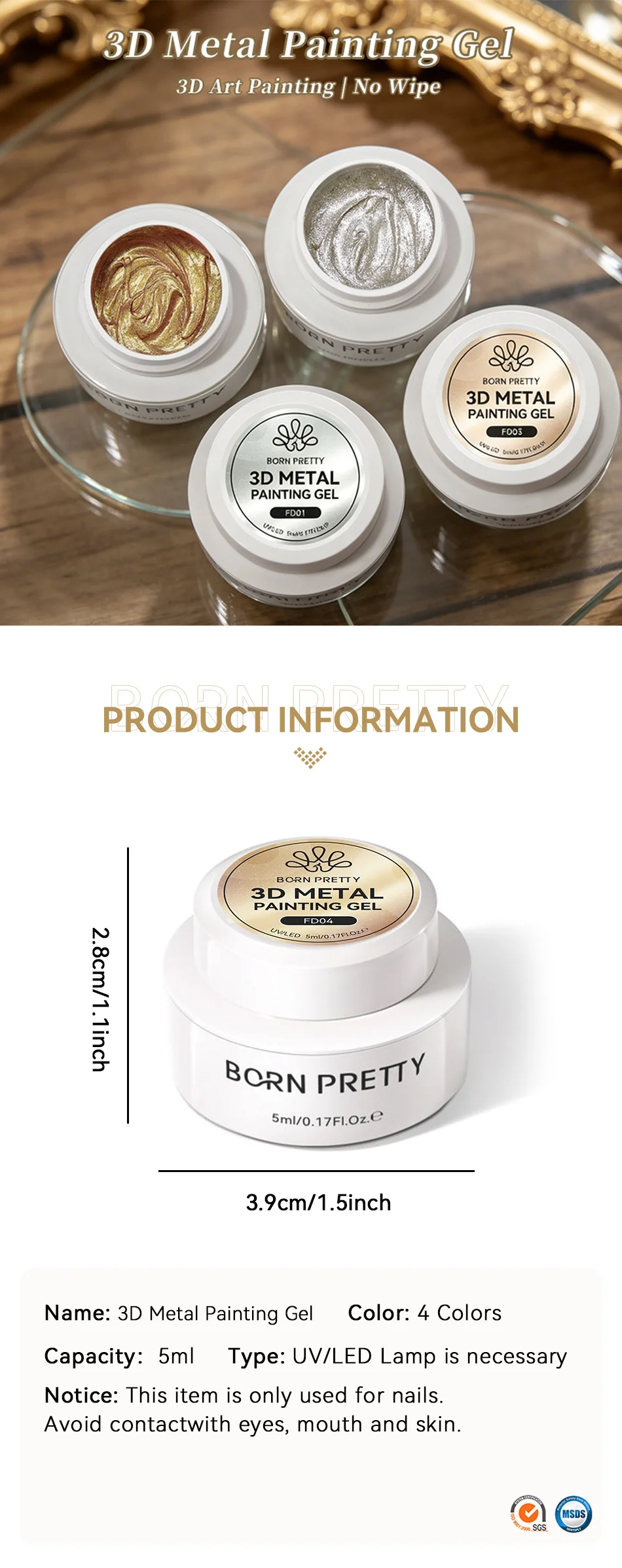 BORN PRETTY Gold Silber Metallic Malgel 5ml 3D Metall-Liner Super Heller Metalleffekt Zeichnen von Streifen UV-Gel Lack – Detail 5