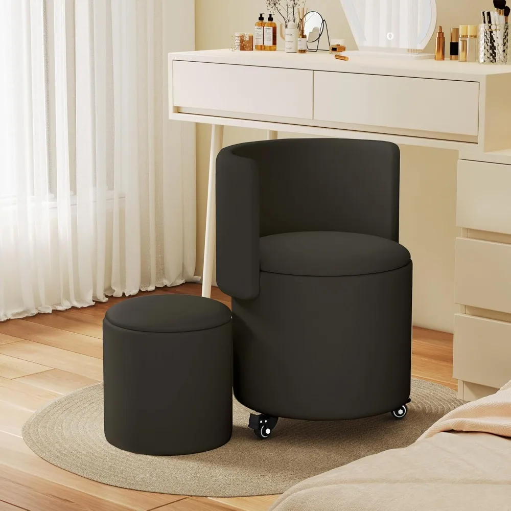 Round Vanity Chair with Storage, Rolling PU Leather Swivel Work Makeup Stool Chair with Folding Back, Upholstered Ottomans