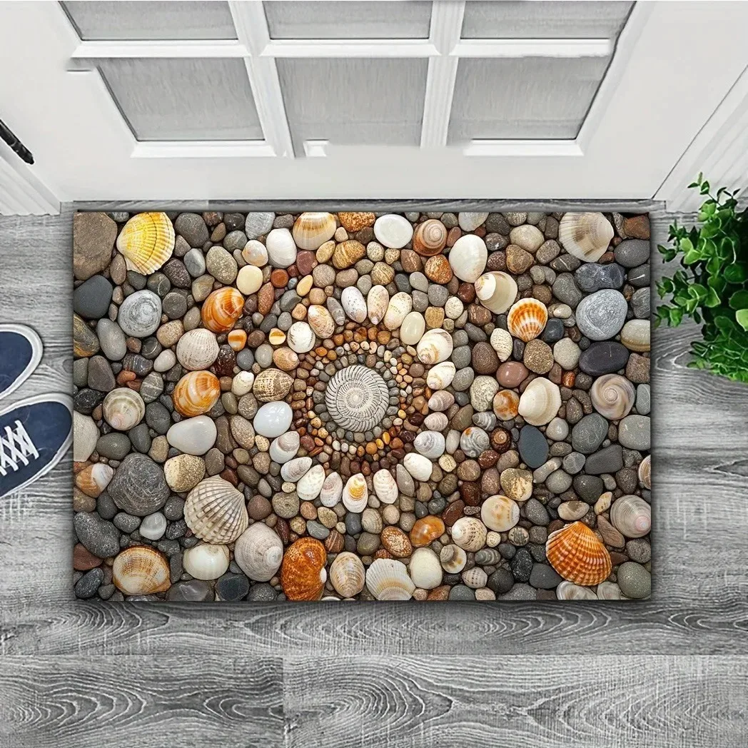 Pebble and Seashell Mandala Graphic Entrance Mat Coastal Seaside Pattern Decor Rug Natural Ocean Style Home Accessory