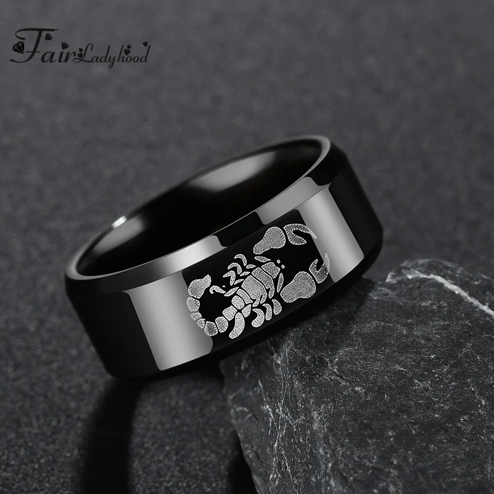 FairLadyHood High Quality 8mm 316L Stainless Steel Scorpion Rings For Men Punk Black Finger Rings Gothic Polished Wedding Bands