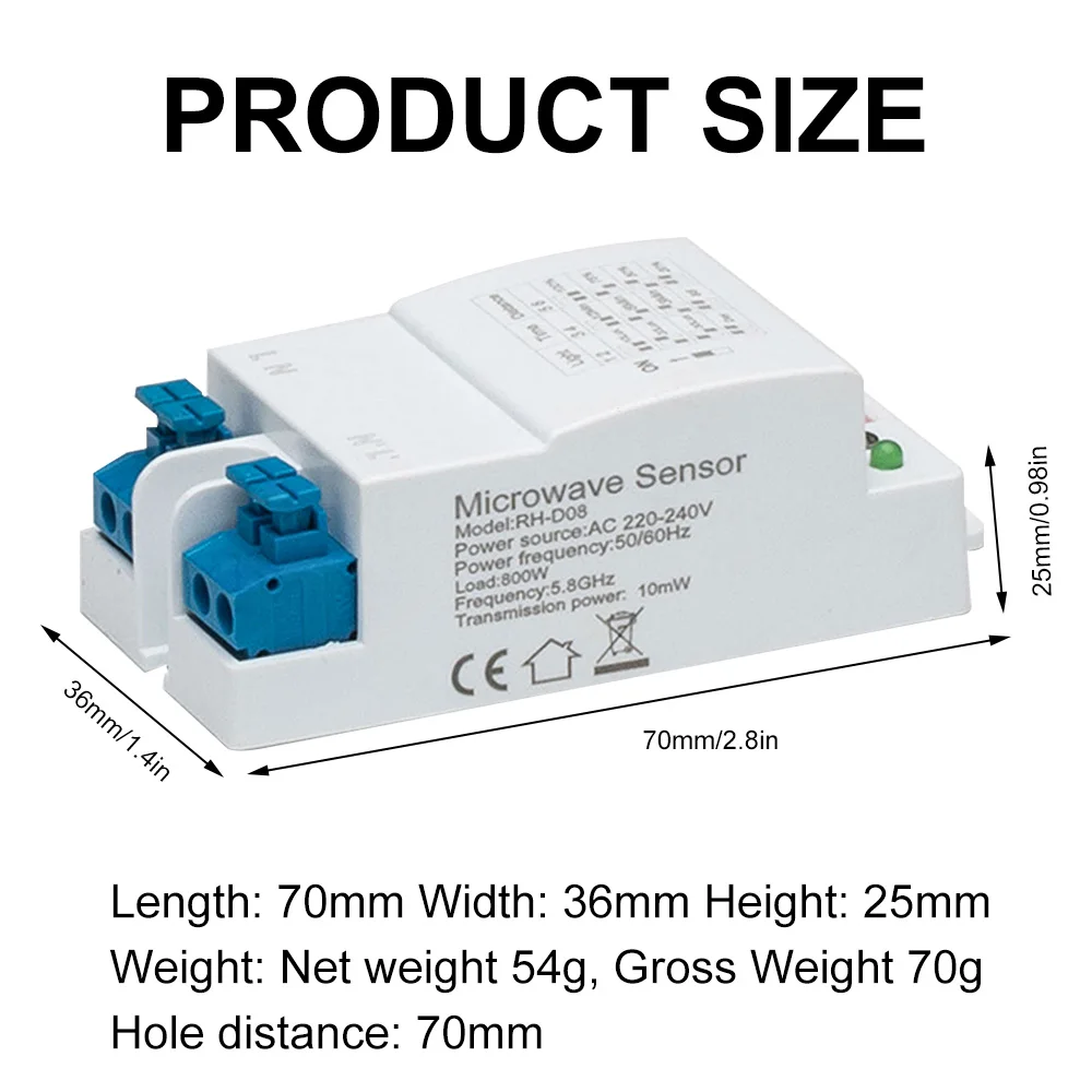 Interruptor de Sensor de Radar de microondas, 5,8G, 220-240V, 360 grados, alta sensibilidad, larga distancia