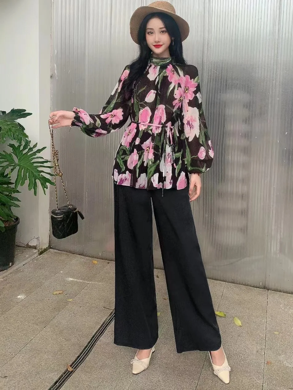 2024 New Spring Autumn Women Pants Suit Long Sleeve Loose Pleated Floral Shirt And High Waist Wide Leg Long Pants Two Piece Set