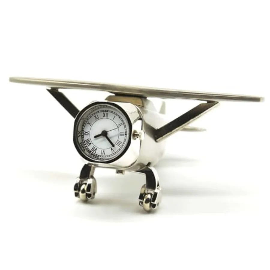 Airplane Small Desk Clocks, Mini Aeroplane Table Clock with Rotating Wheels and Roman Numbers, Analog Clock, Paperweight, Aviat