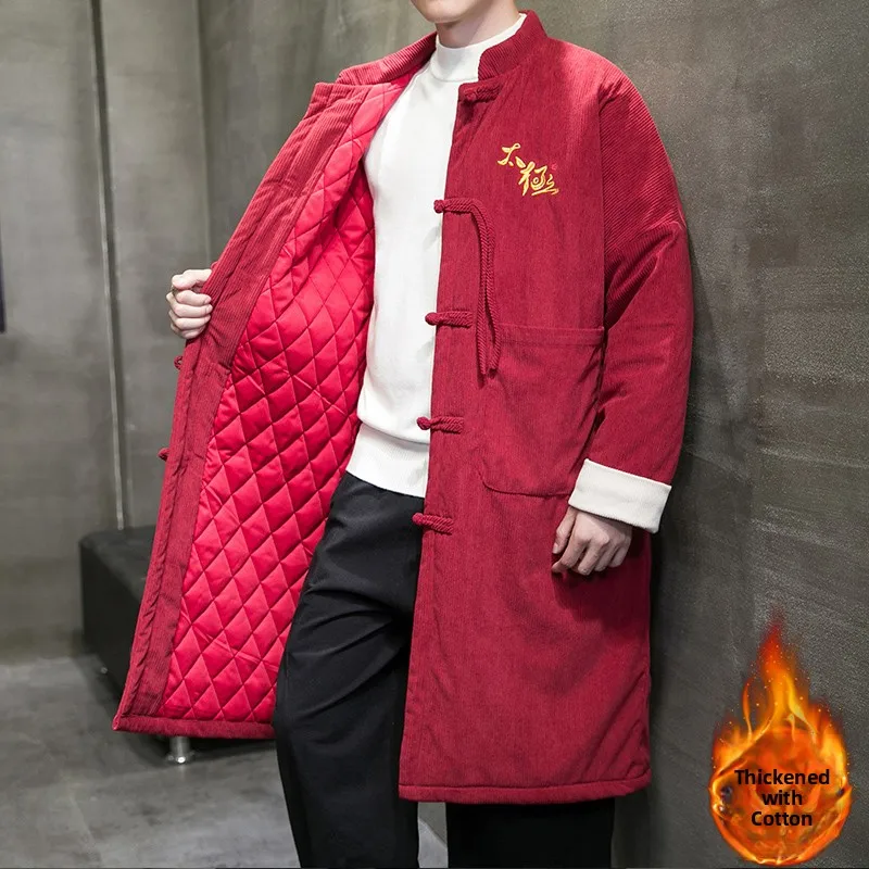 

Men's Winter Long Coat Cotton Padded Jaet Red Corduroy Retro Button Chinese Sle Thi Warm Casual Stand Collar Jaet