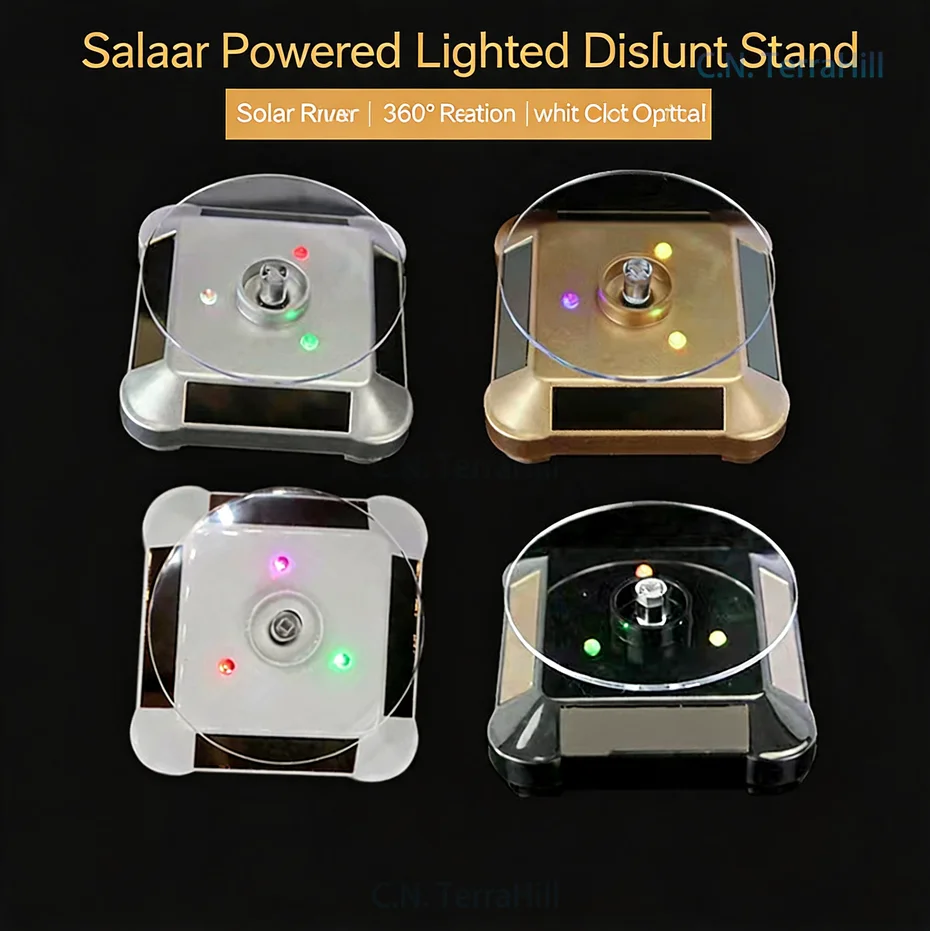 Solar Powered Rotating Display Stand for Jewelry Photography, Auto Turntable Showcase with White LED Light