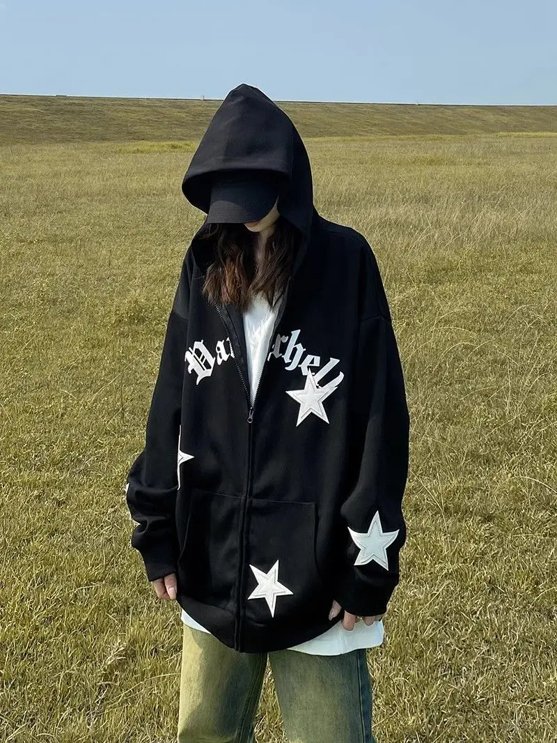 

American Retro Star Hooded Sweatshirt Cardigan Women Spring Autumn New Niche Design Street Style Loose Jacket