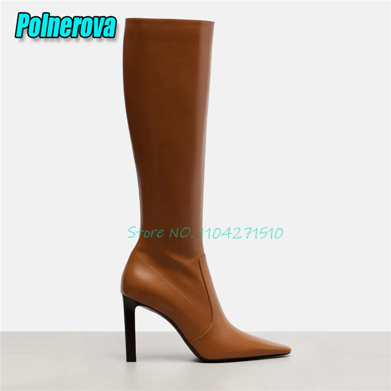 

Street Style Pointed Toe High Heels Fashion Solid Thick Heel Side Zipper Knee High Boots Spring Autumn New Party Runway Shoes