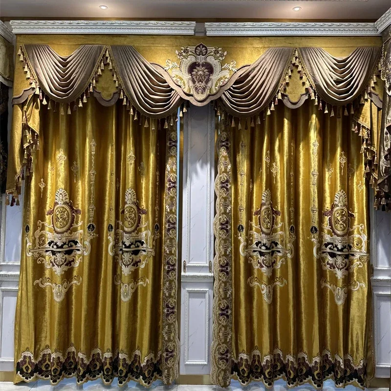 

Custom Size European Style Luxury Villa Gold Embroidered Living Room Curtains Velvet Bedroom Apartment Sunshade Curtain 1pc