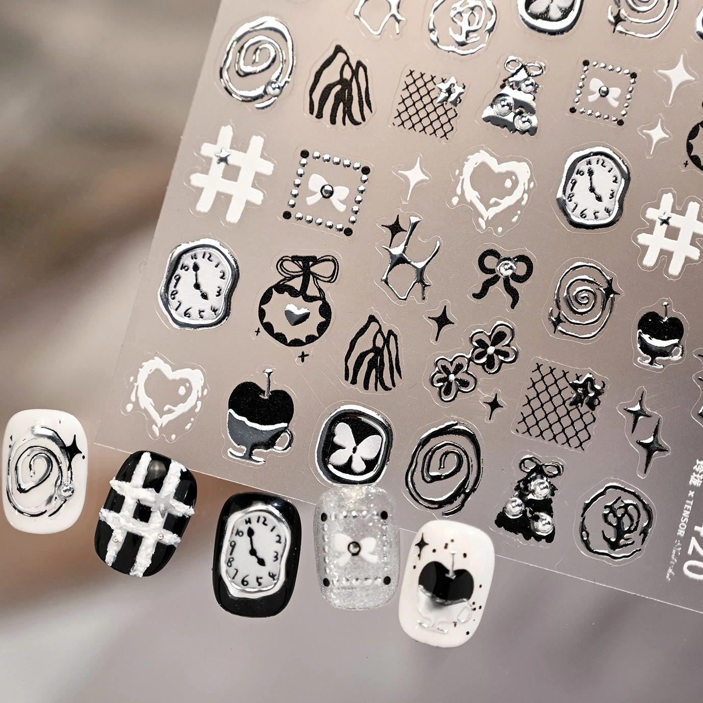 Black Bowknot Flower Grid Apple Star Line Silver Clock Butterfly Christmas Tree Snowman Adhesive Nail Art Sticker Manicure Decal