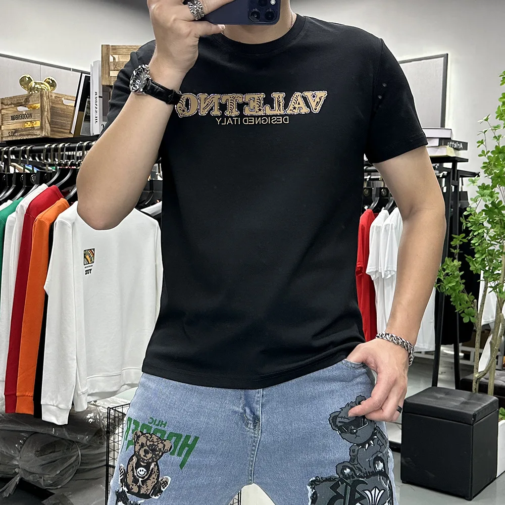 T-shirt men's Summer New 3D Letter Trend Fashion Round Neck Male Tees Streetwear Homme Tops Cotton Causal Bottom Shirt Clothing