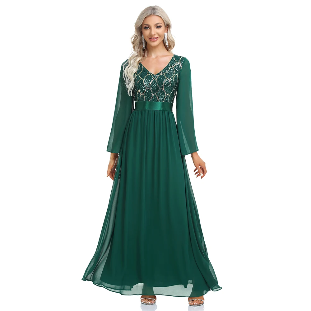 Plus Size Women Elegant V-neck Long Sleeve Sequin Evening Dress A-Line Chiffon Wedding Party Gown For Bridesmaid 2022 New Gown