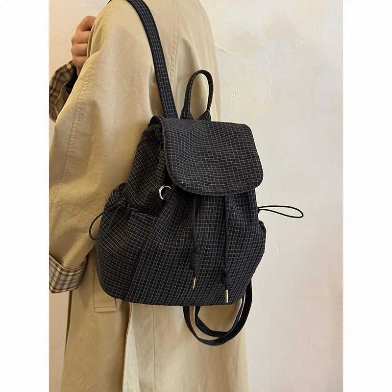 Casual Art Backpack Ins Fashion Drawstring Pleated Schoolbag Internet Celebrity Nylon Large Capacity Backpack