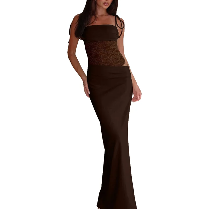 ABRT-Vestido maxi feminino com recorte de emenda de renda, gola quadrada, sem mangas, bodycon, vestido longo com espartilho transparente