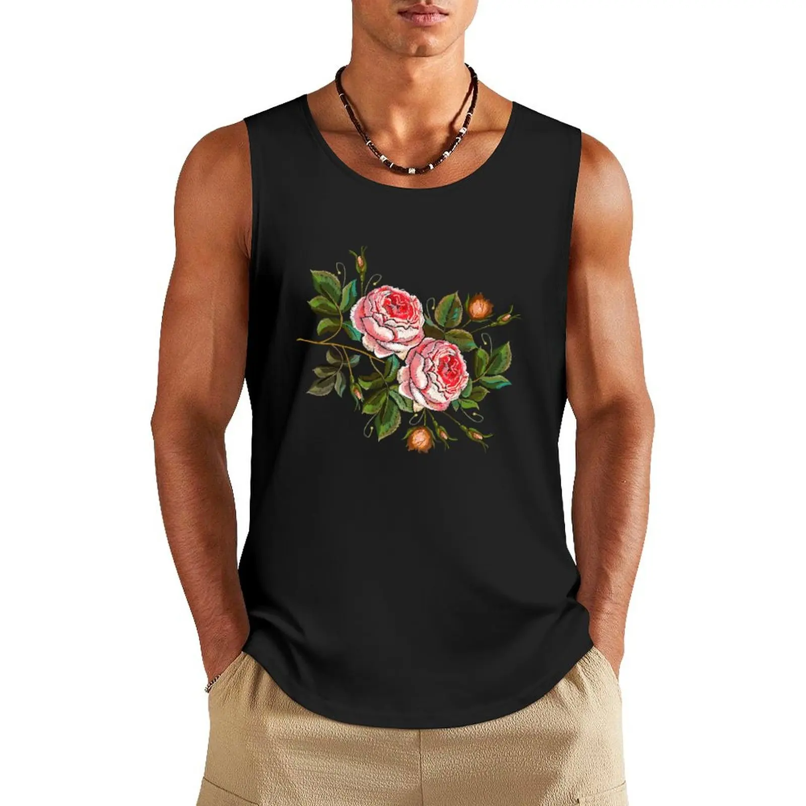 Roses embroidery flowers Tank Top sleeveless Vest