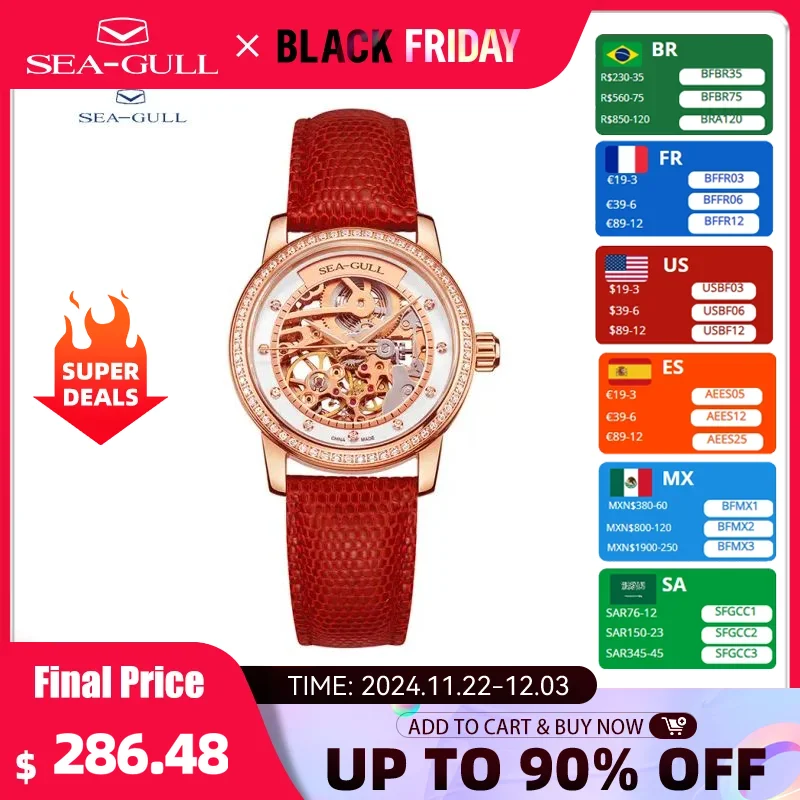 Seagull Fashion Women's Watch Red Luxury Zircon Skeleton Womens Mechanical Automatic Ladies Wristwatch Montre Femme 719.403LK