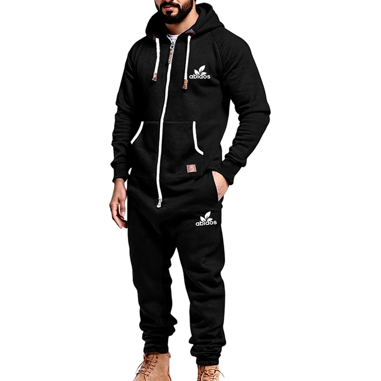 

Men's autumn and winter casual and fashionable one-piece pants with zipper pockets and printed patterns, warm outdoor clothing