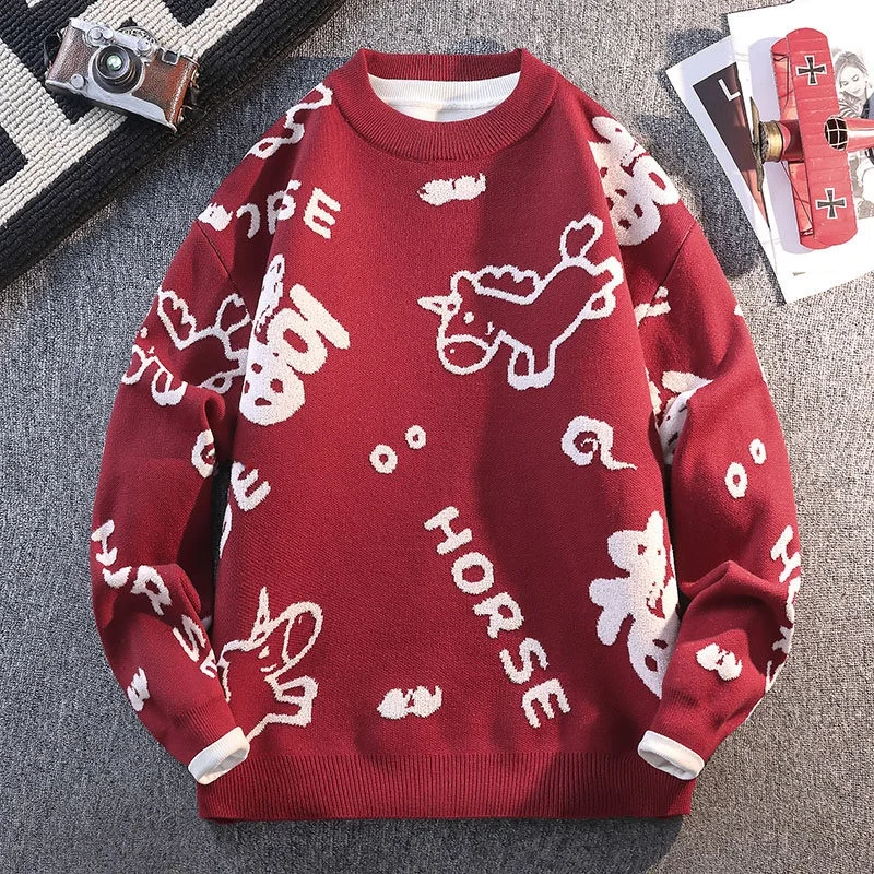 

Новый мужской вязаный свитер 2025 года, красный, зимний, модный, молодежный, свободного кроя, с длинным рукавом, круглым вырезом, теплый, повседневный, для пар