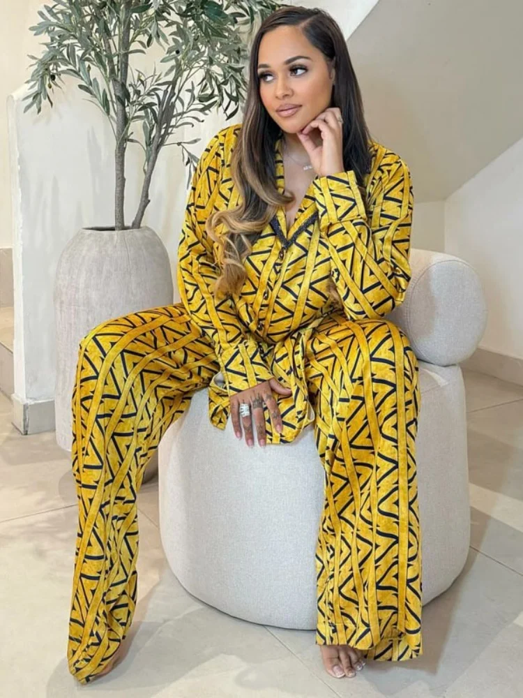 

Wmstar Two Piece Set Women Wholesale Large Sized Casual Loose Long Sleeved Printed Shirt Wide Leg Trousers New Style Stylish