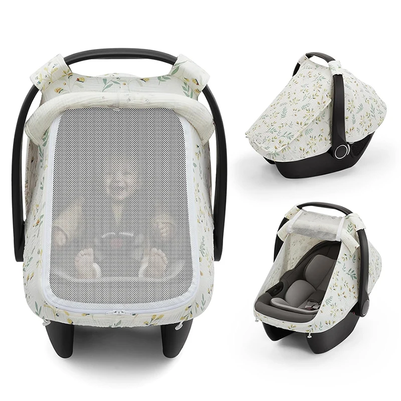 Baby Car Seat Cover Breathable Muslin Cotton with Large Mesh Window Infant Car Seat Canopy Carrier Cover Stroller Sun Shade