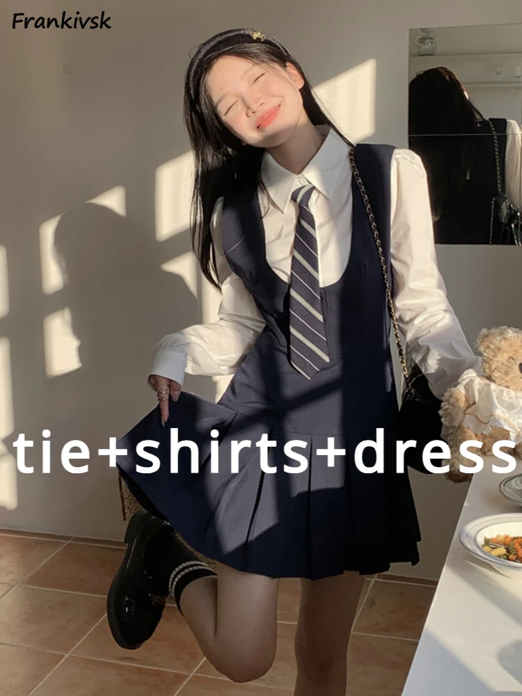 Preppy Style Dress Sets Women Japanese Pleated Spring Autumn Slim Shirts Streetwear Temperament Youthful Vitality Aesthetic Ins