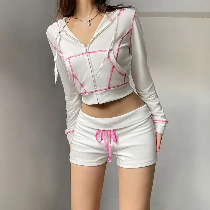 Sports Zipper Sweatshirt + Shorts Two-Piece Set For Women Spring And Autumn Jacket Hot Girl American Casual Top Two-Piece Set