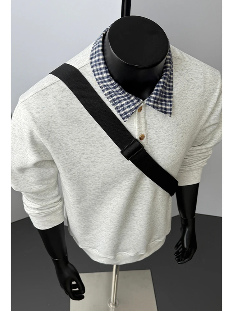 Cleanfit Men's Casual Loose  Shirt Hoodie Autumn Trend College Style Inner Wear Top Splice Two-Piece Look Fashionable Str...