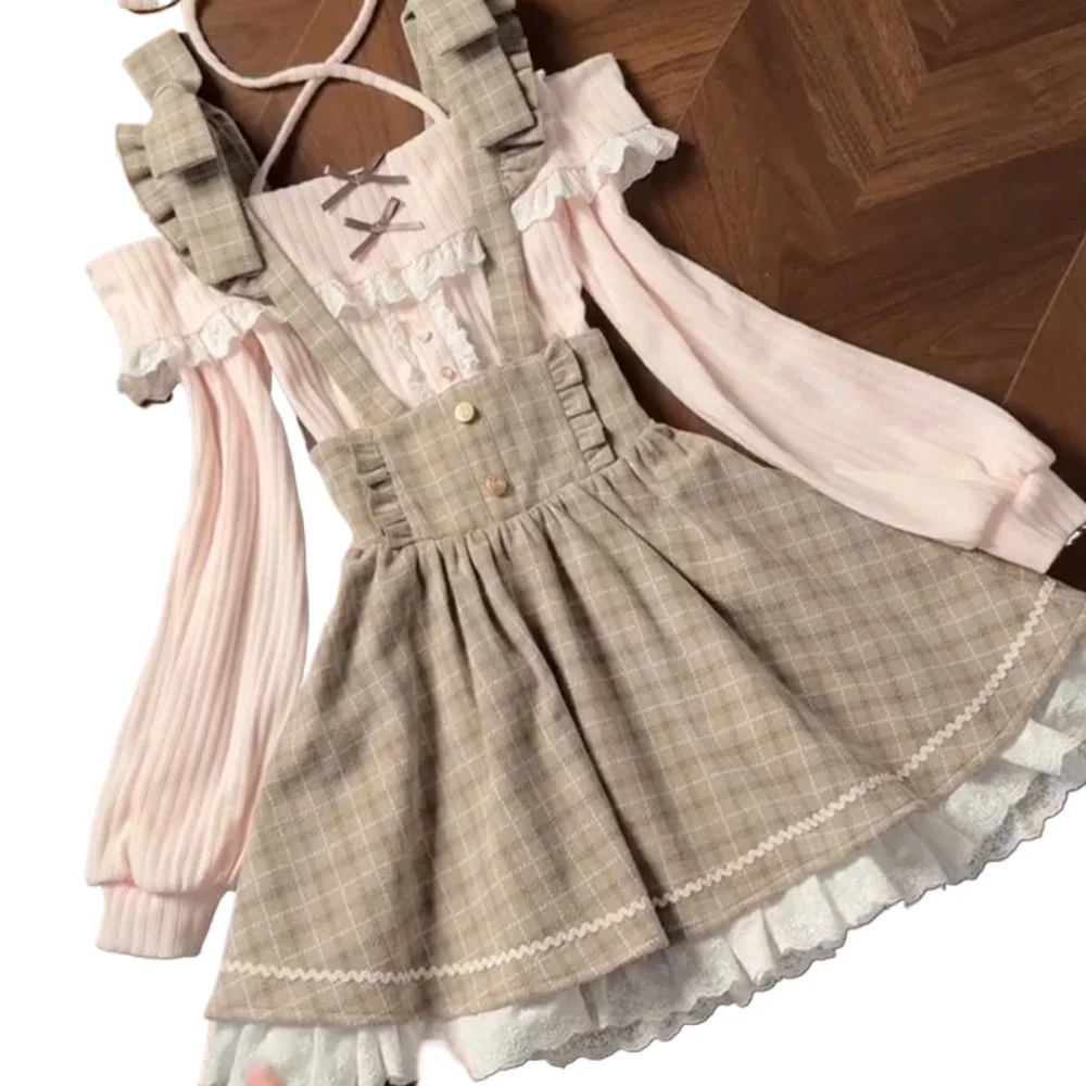 Ensemble Lolita Japonais Rose 2 Pièces pour Femmes, Haut à Épaule Dénudée + Jupe à Bretelles à Carreaux, Nouvelles Tenues Harajuku Mignonnes, Printemps 2026
