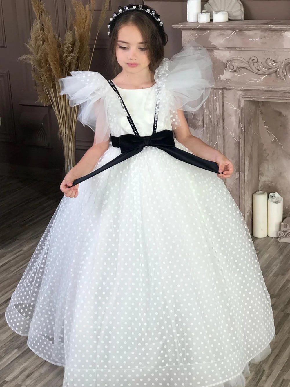 Robes bouffantes en Tulle pour filles, à fleurs, manches volantes, robe de mariée blanche Pure pour enfants, robes de bal de spectacle